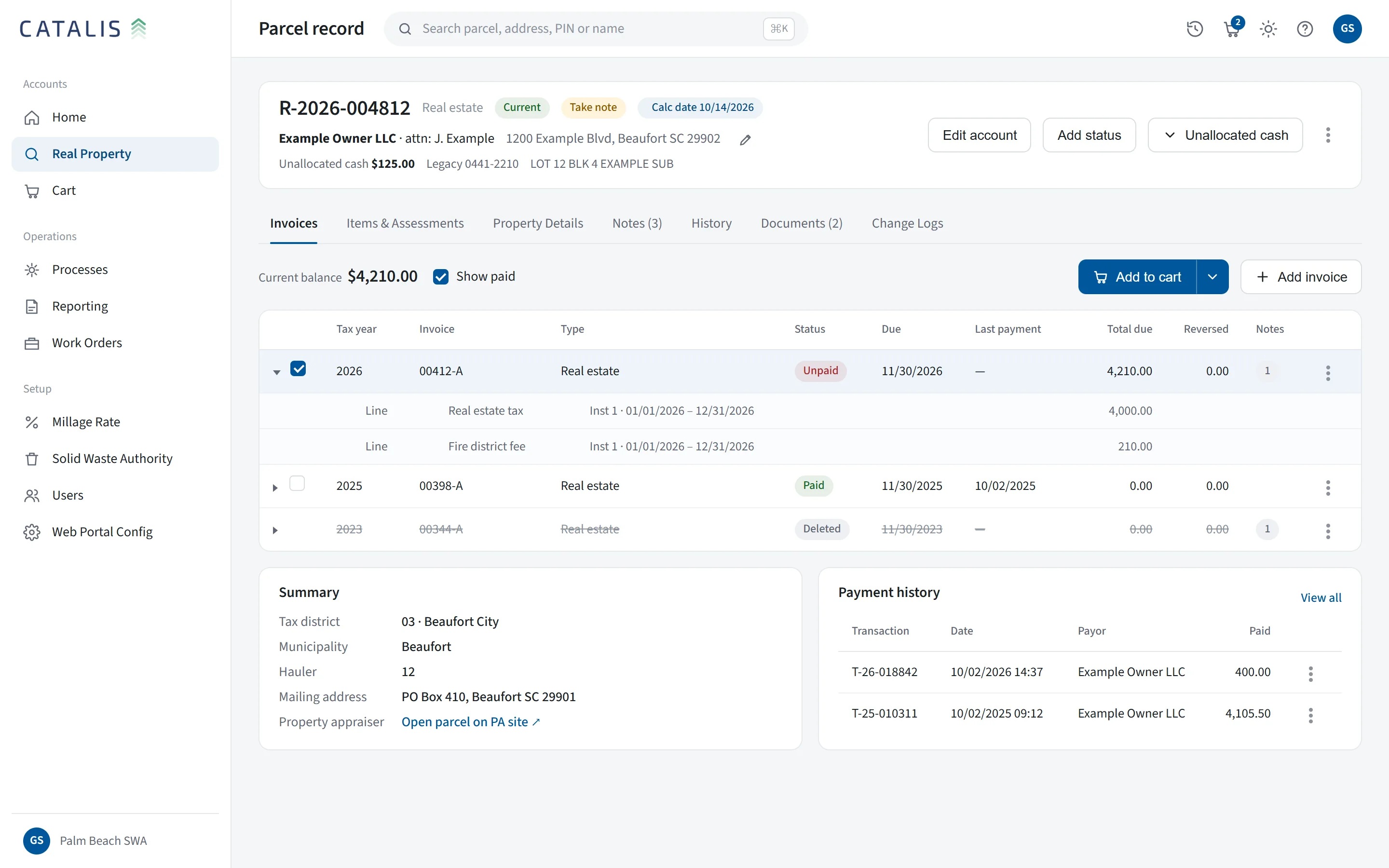 Parcel record: invoices: The hub for one account: header, tabs, invoices, summary and payment history.