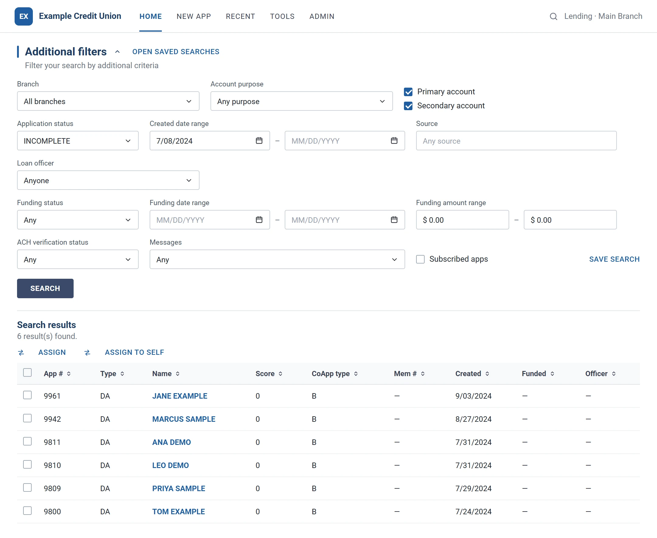 Lender console application search with filters for branch, status, dates, loan officer, funding and messages, above a results table