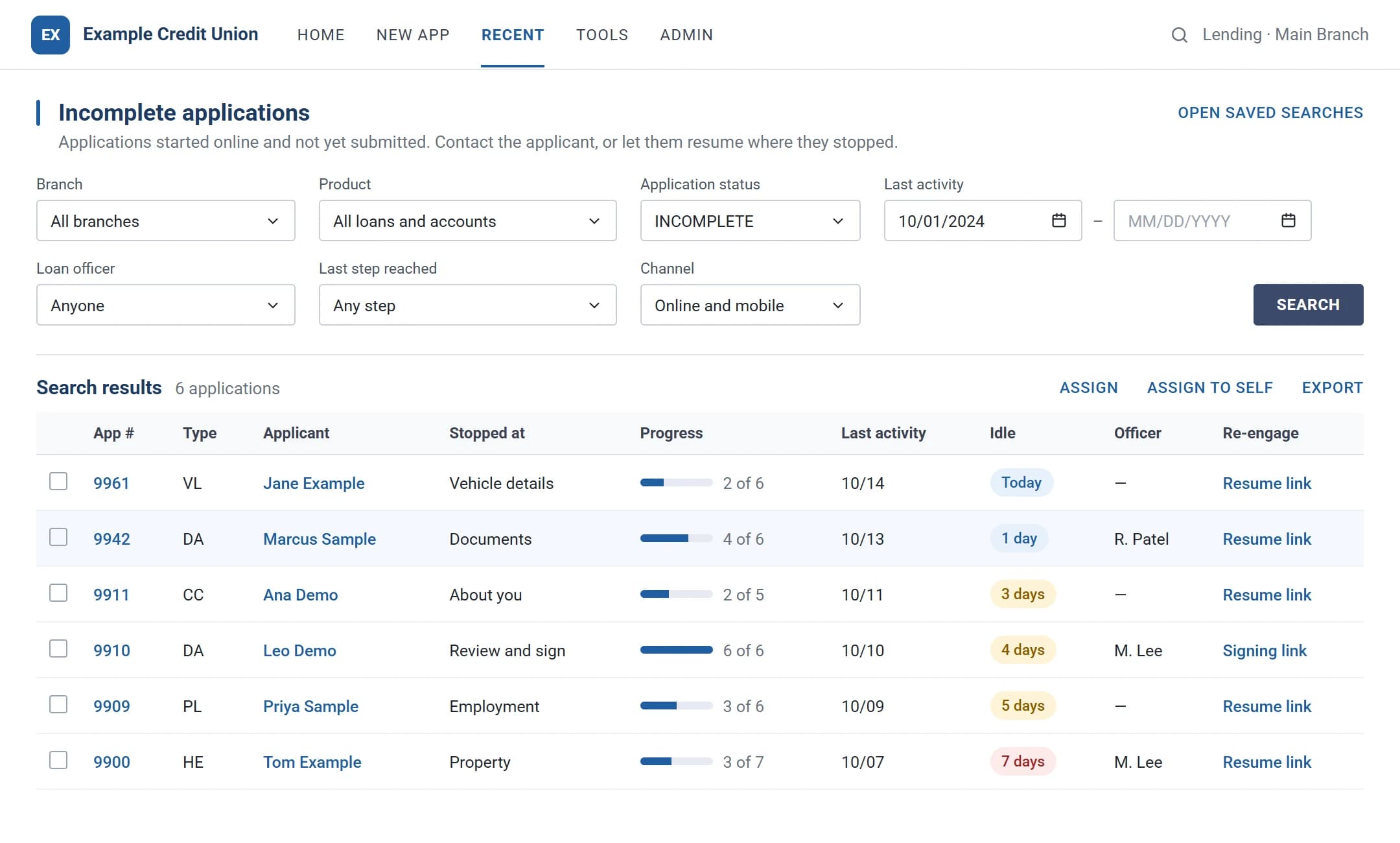 Lender console listing incomplete applications with the step each applicant stopped at, how long it has been idle, and a link to resume