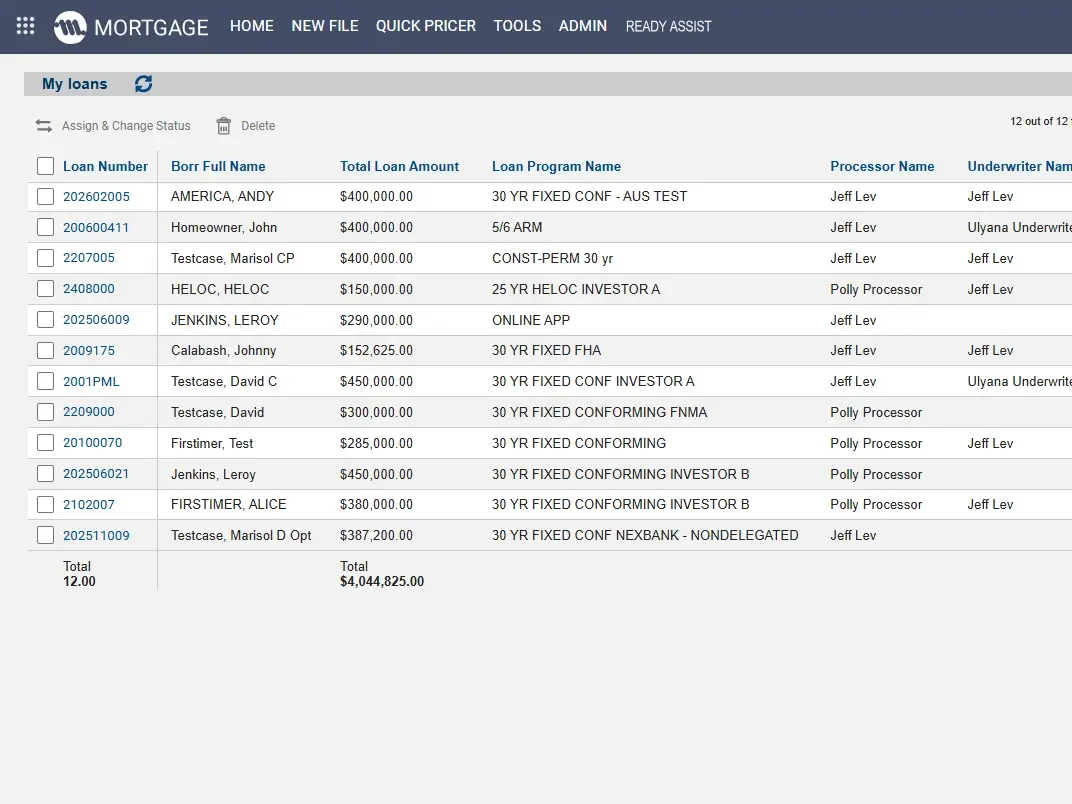 MeridianLink Mortgage: the My loans pipeline with loan number, borrower, amount, program, processor and underwriter