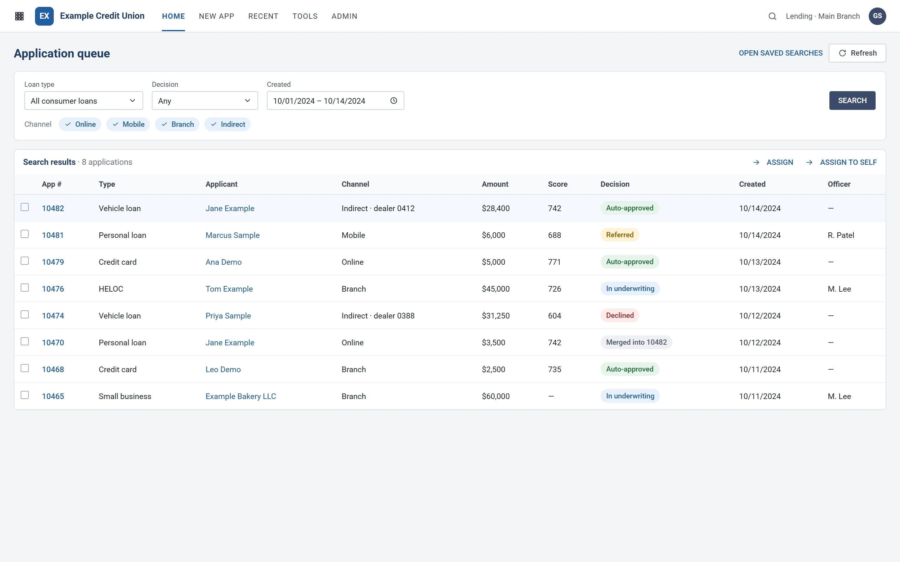 Application queue: Every channel in one queue, one record per applicant.