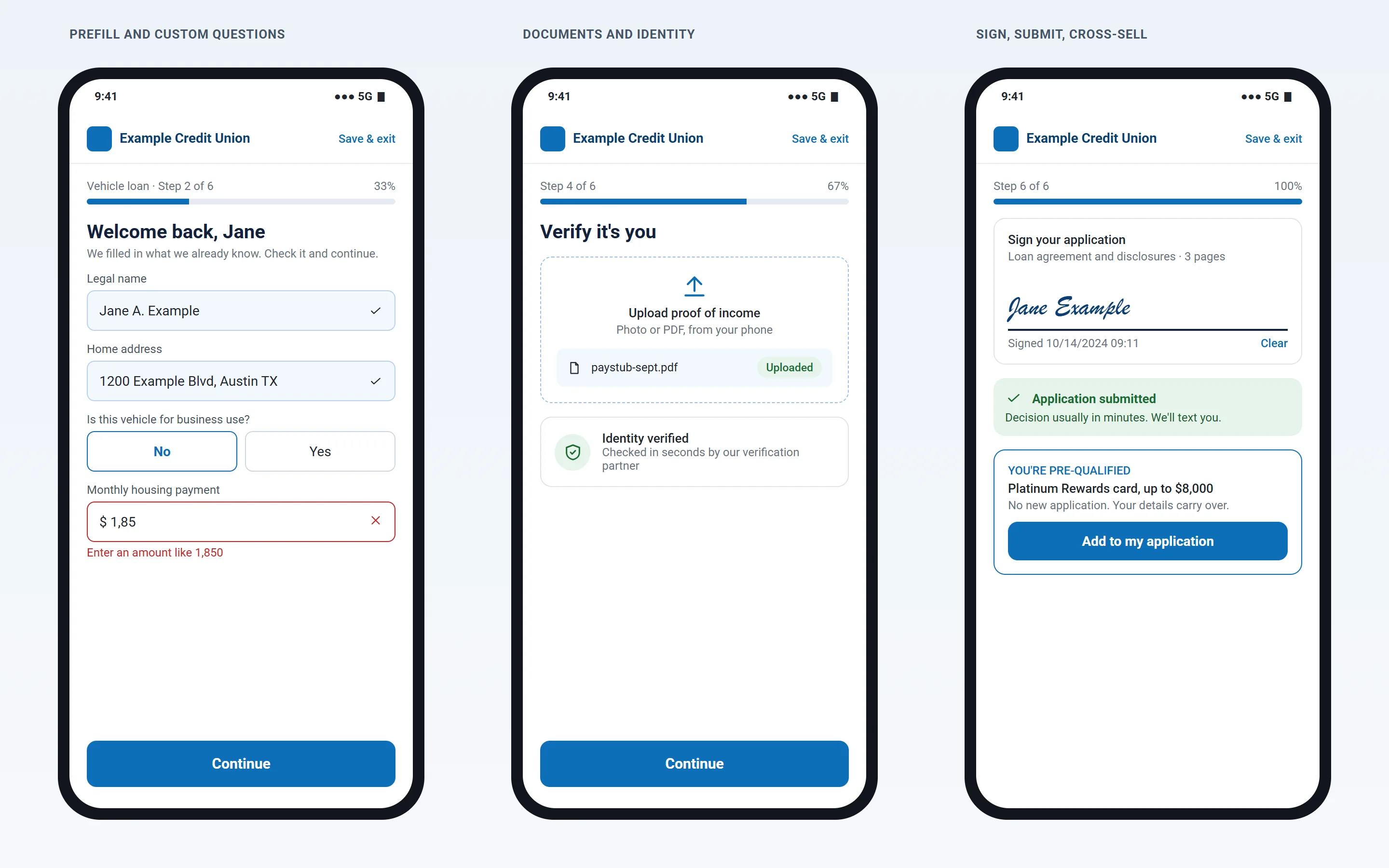The application on a phone: Prefill, custom questions, documents, identity and eSignature in one flow.