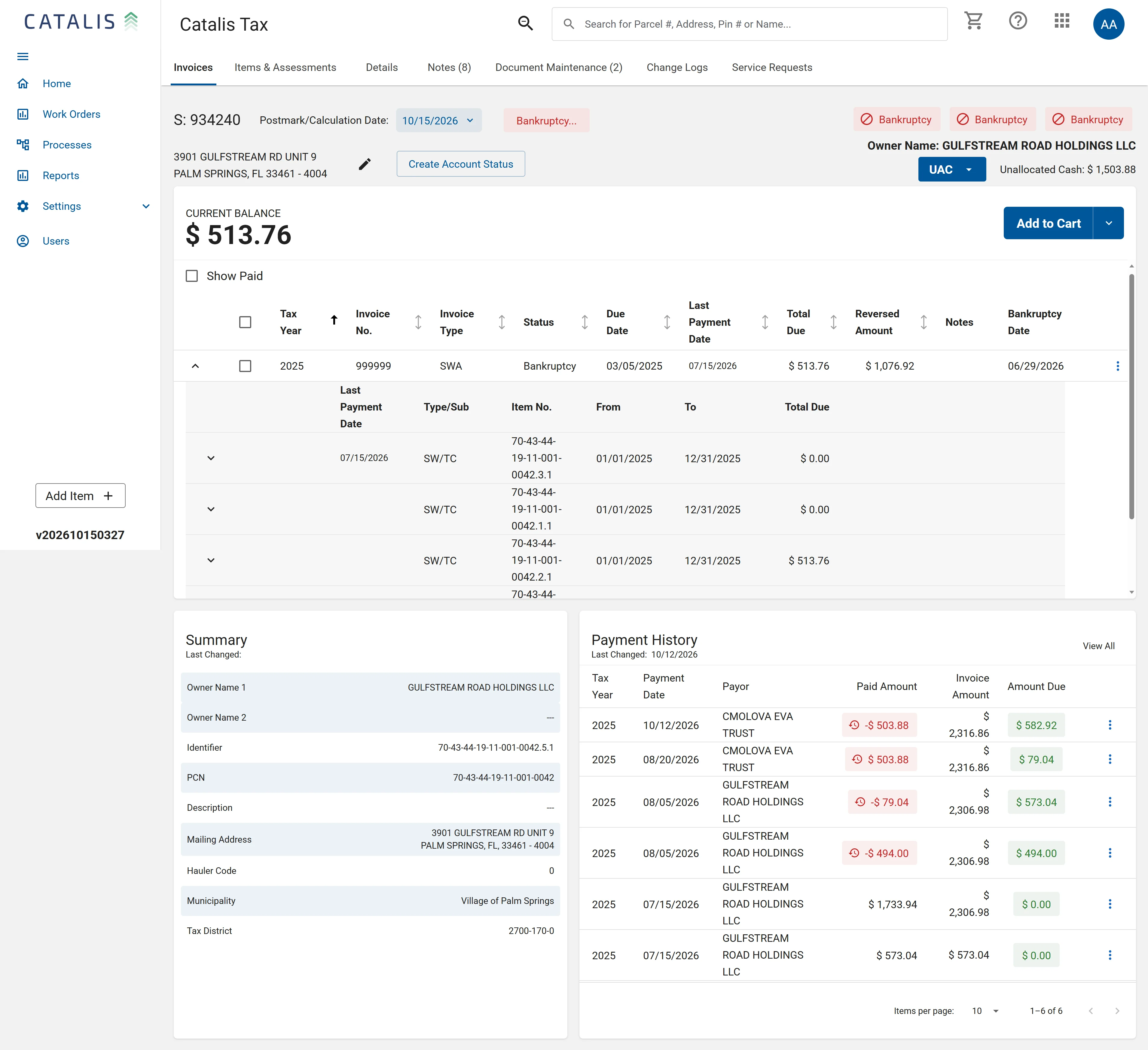 Catalis Tax parcel record, redrawn: account header, current balance and invoices